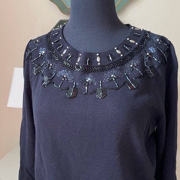 Talbots RSVP Black Beaded Sequin Crew Neckline Sweater Sz M Soft Knit - Picture 2 of 13
